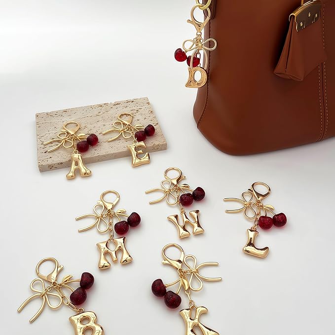 Gold Bubble Heart, Cherry, Bow & More Designs Letter Initial Keychain Bag Charms – Cute Purse Charms for Handbags