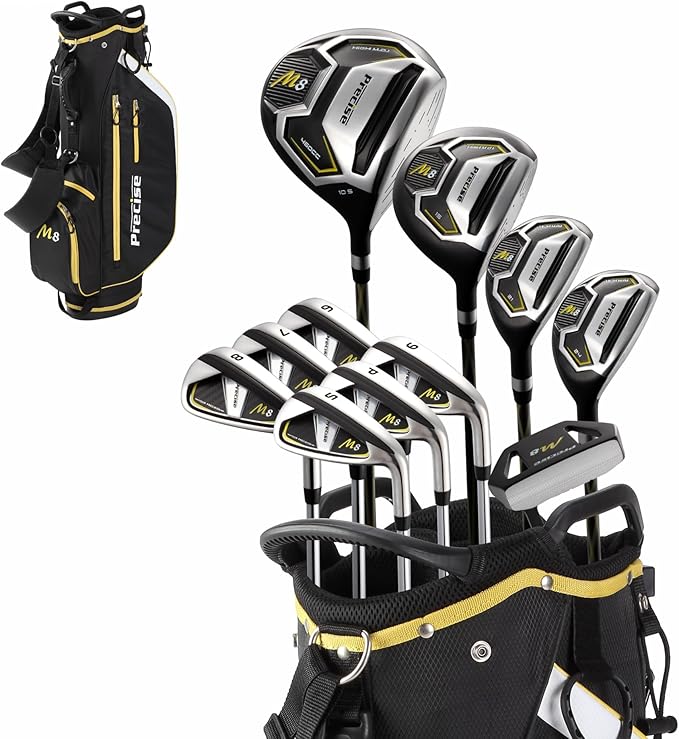 Precise M8 Men’s 17-Piece Golf Set – Driver, Woods, Hybrids, Irons (6-SW), Putter, Stand Bag, 4 Headcovers and Rainhood – K-G Lite Kevlar Shafts
