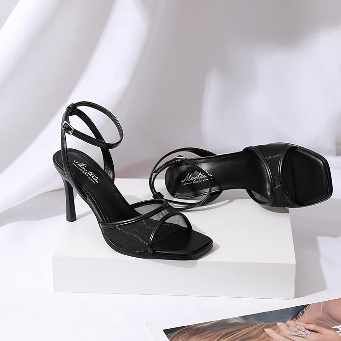 Mostrin Strappy Heels for Women Square Open Toe Lace Up Heeled Sandals Ankle Strap Sexy Stiletto High Heels for Party, Prom, Dating, Wedding