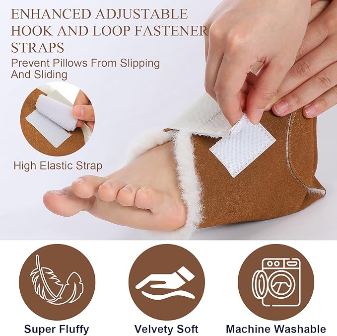 2 Pairs Heel Protector Boot Sheepskin Heel Protectors Soft Foot Cushions Pads with Securing Strap for Protect Feet Ankle Pressure Bed Sores(Beige, Brown)