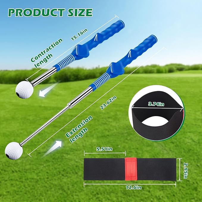 welspo Retractable Golf Swing Trainer Aid with Arm Band, Rhythm Click Sound, Warm-Up and Grip Trainer, Right-Handed Golf Club for Improve Chipping and Hitting Strength
