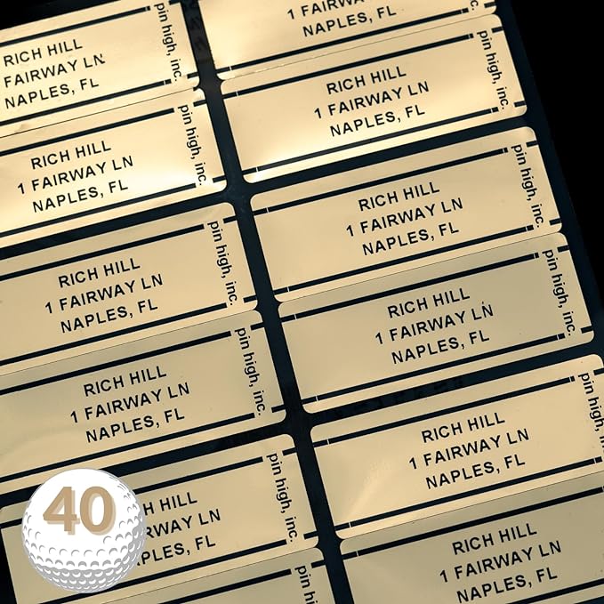 PIN HIGH Personalized Golf Club ID Labels | Weatherproof, Fade Resistant, Laminated Thermal Transfer Labels, Made in The USA, (Free Customization & Shipping), Set of 40, Gold