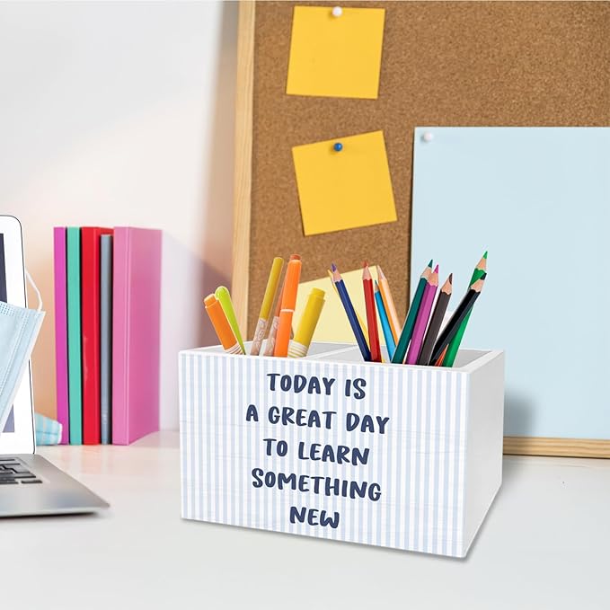 Inspirational Blue Pen Pencil Holder for Desk, Motivational Classroom Decor, Today Is a Great Day to Learn Something New Wooden Box Sign Desk Decor for Classroom Playroom Decoration