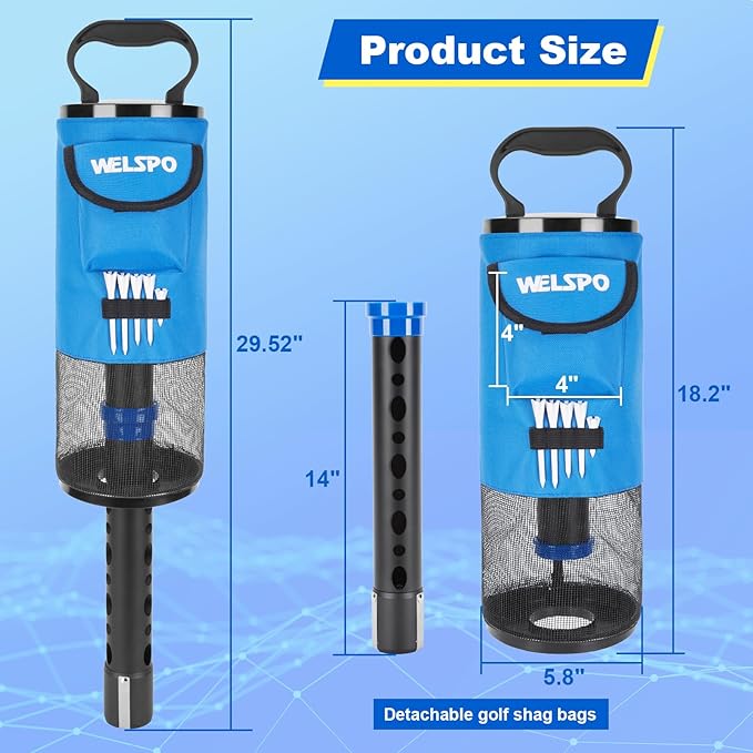 welspo Golf Ball Retriever, Portable Shag Bag Golf Ball Pick Up with Detachable Aluminum Alloy Tube, Golf Shag Bags Golf Ball Shagger Large Capacity Hold up to 70 Balls
