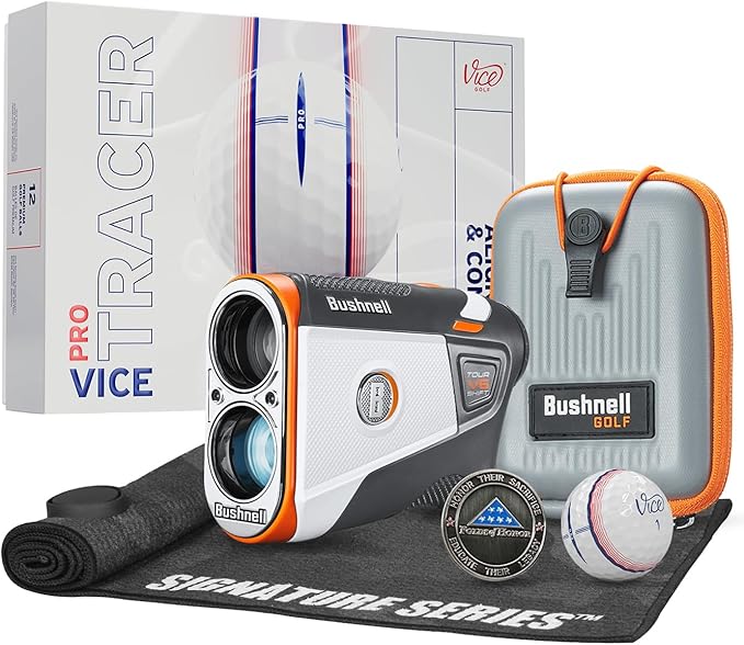Bushnell Golf Tour V6 Shift Laser Rangefinder with Vice Balls | Slope Compensation, PinSeeker, Magnetic Mount, 1300 YD Range, 6X Magnification | Signature Series Golf Towel