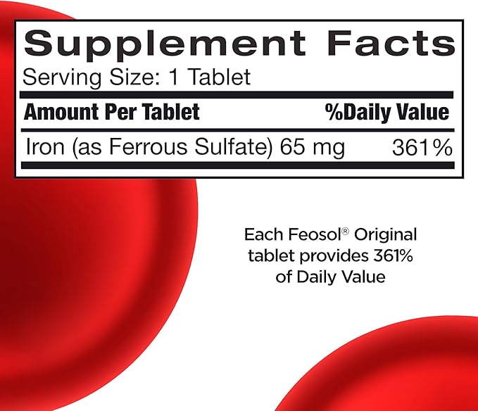 Feosol Original Iron Supplement Tablets, Non-heme, 325mg Ferrous Sulfate (65mg Elemental Iron) per Iron Pill, 1 Per Day, 120ct, 4 Month Supply, for Energy and Immune System Support, Made in USA
