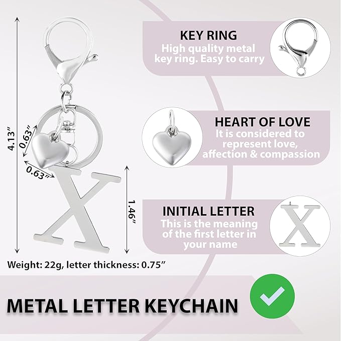 Metal Heart Alphabet Keychain for Women, Girls - Cute Initial Letter Accessories for Purse, Bag Charms and Backpack