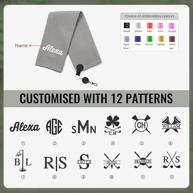 Personalized Golf Towel Custom Golf Towels for Golf Bags with Embroidery Initial Name Magnetic Golf Towel Microfiber Golf Towels with Clip Gifts for Golfers Men Women 16"x 24" (Gray)