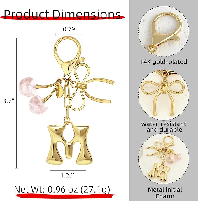 Gold Bubble Heart, Cherry, Bow & More Designs Letter Initial Keychain Bag Charms – Cute Purse Charms for Handbags