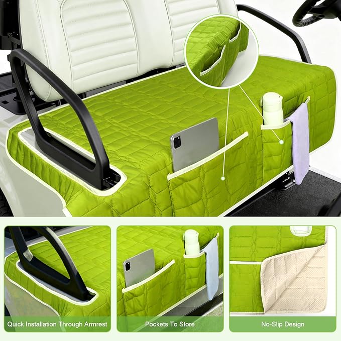 Golf Cart Seat Cover, Universal Bench Seat Cover with Storage Pockets, Non-Slip Seat Protector for Golf Cart, Fits EZGO Club Car Yamaha, Easy Install