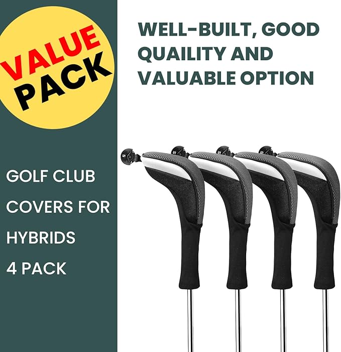 FINGER TEN Golf Club Head Covers Woods Hybrids 1/2/3/4 Pack, Headcovers Men Women 3 5 7 X with Interchangeable Number Tag, Fit All Wood Hybrid Clubs