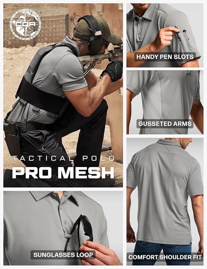 CQR Men's Polo Shirts, Tactical Short Sleeve Golf Performance Shirts, Lightweight Dry Fit UPF 50+ Pique