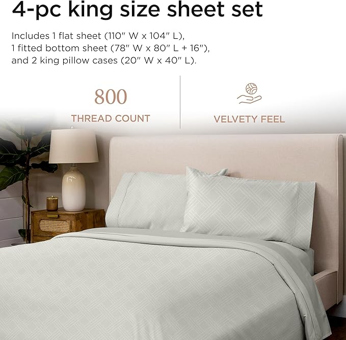 Threadmill King Size Sheets for King Mattress | 800 Thread Count Jacquard Celine Light Grey | Better Than Egyptian Cotton | 4 Pc Bed Sheets | Damask Sheet Fits 16'' Deep Pocket | 100% Cotton Sheets