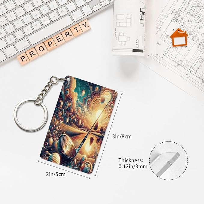 Astronaut Playing Golf Keychains Rectangular Acrylic Keychain Daily Key Ring Car Key Fob Holder 2X3 Inch