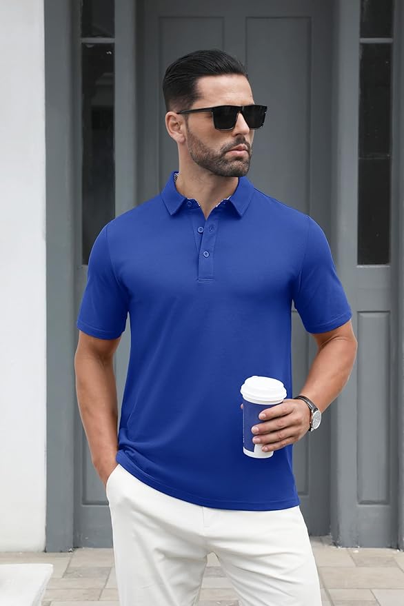 MAGCOMSEN Men's Polo Shirts Short Sleeve Cotton Pique 3 Button Classic Fit Casual T-Shirt Performance Golf Shirts