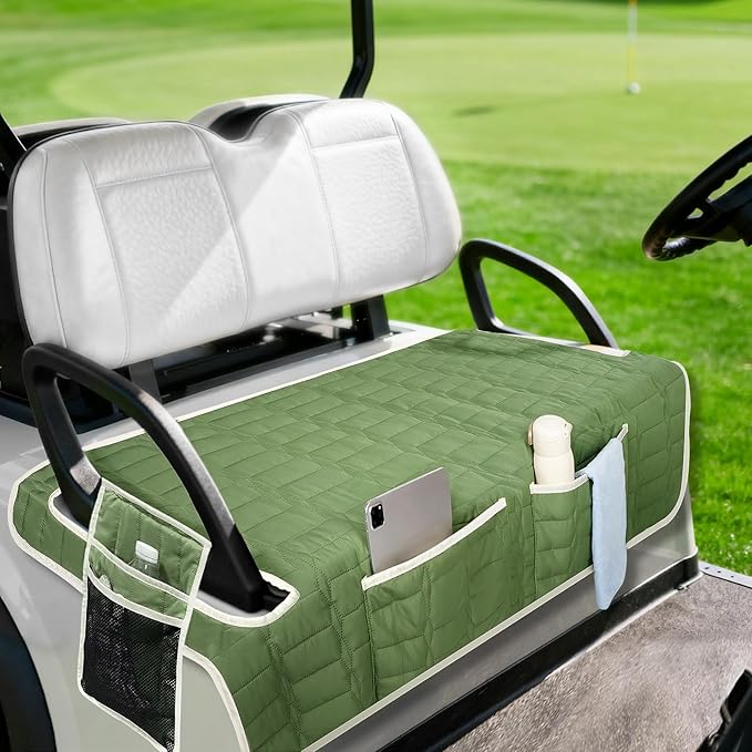 Golf Cart Seat Cover, Universal Bench Seat Cover with Storage Pockets, Non-Slip Seat Protector for Golf Cart, Fits EZGO Club Car Yamaha, Easy Install