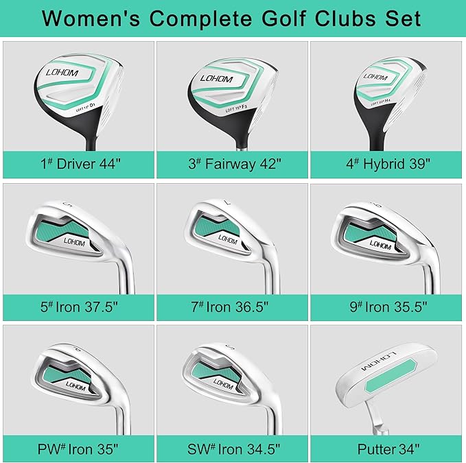 11 Pcs Women's Complete Golf Club Sets Right Hand with 14 Way Golf Cart Bag, Includes 460cc Alloy #1 Driver & #3 Fairway Wood & #4 Hybrid /#6/#7/#8/#9/#P/#S Irons & Putter