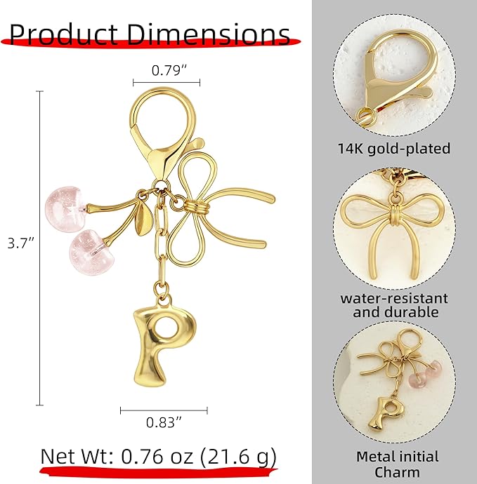 Gold Bubble Heart, Cherry, Bow & More Designs Letter Initial Keychain Bag Charms – Cute Purse Charms for Handbags