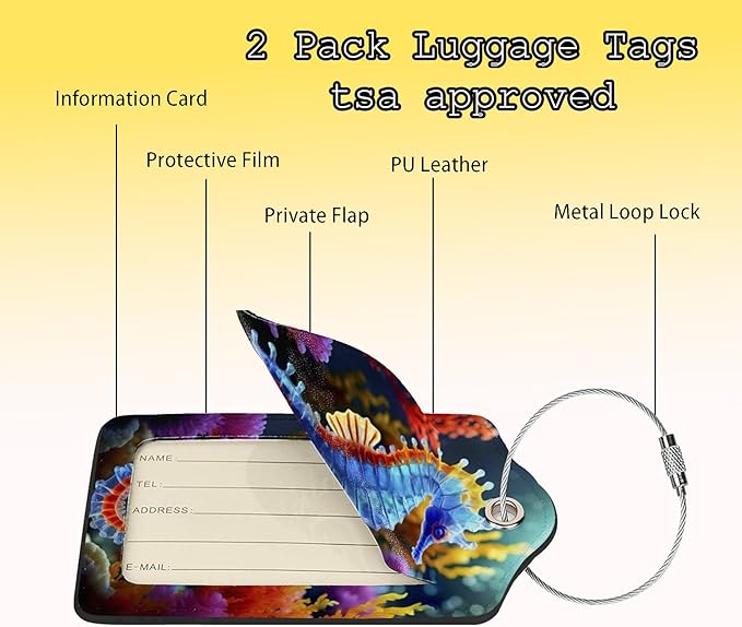 TSA Approved Luggage Tags for Suitcases Seahorse 2 Pack Funny Leather Carnival Cruise Airport Cute Travel Name Tags Golf Bag tag Ships Essentials Privacy Cover ID Label for Women Men