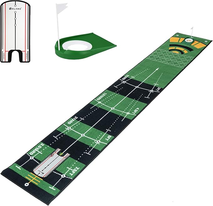 GLANC Golf Putting Practice Mat Set with Alignment Mirror & Cup, 20 in X 10 ft Training Aid Mat, Anti-Slip Backing Golf Putting Green for Indoor and Outdoor Use
