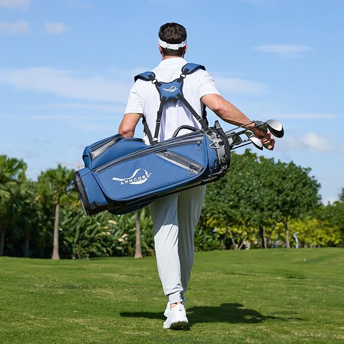 Golf Stand Bag with 14 Way Full Length Dividers, PU Leather Golf Bag for Men, Waterproof Golf Bags with Stand, 6 Pockets & Cooler Pouch, Adjustable Dual Straps, 2 Rain Cover Hood