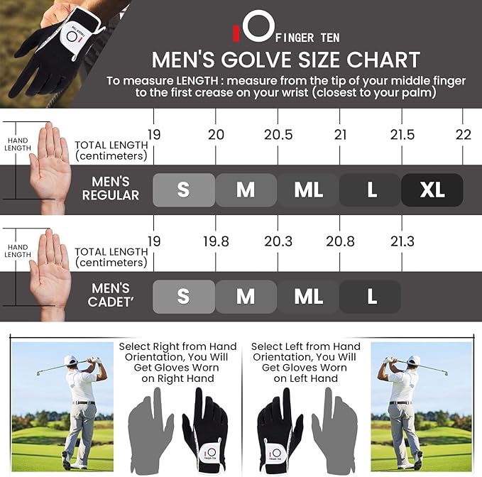FINGER TEN Men's Golf Gloves for Right Left Handed Golfer Rain Grip Value 2 Pack, Golf Glove for Left or Right Hand Hot Wet Weather No Sweat Black Gray White Blue