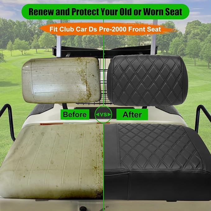Club Car DS Pre-2000 Golf Cart Seat Cover Thick Premium Marine Leather Made with Custom Diamond Stripe Soft Comfortable/Anti-Scratch/Anti-Fading/NO Stapler Required