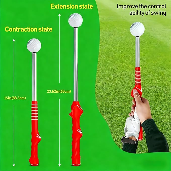Retractable Golf Swing Training Aid,Right-Handed Golf Swing Trainer, Golf Grip Trainer with Click Feedback, Ergonomic Grip Golf Stick for Practice Correction Indoor Outdoor Hitting Red