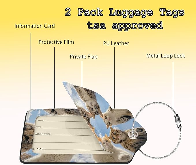 TSA Approved Luggage Tags for Suitcases Cats 2 Pack Funny Leather Carnival Cruise Airport Cute Travel Name Tags Golf Bag tag Ships Essentials Privacy Cover ID Label for Women Men
