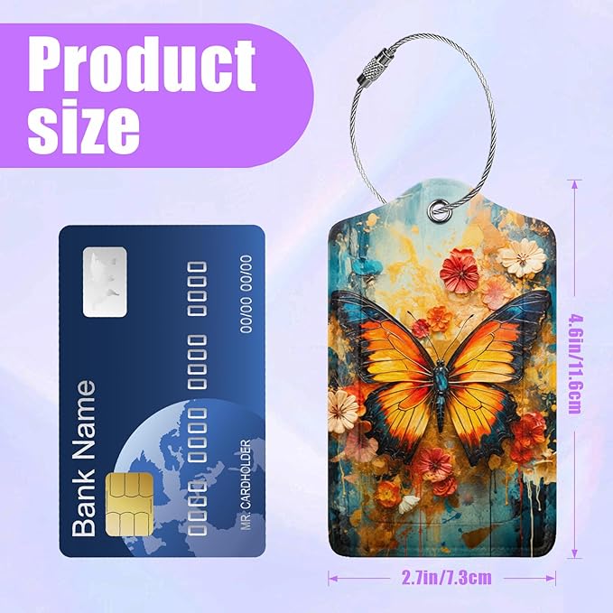 3 Pack Vintage Butterfly Flowers Luggage Tags for Suitcase PU Leather Travel Luggage Tag Privacy Cover ID Label for Women Men Baggage Backpack Handbag School Bag