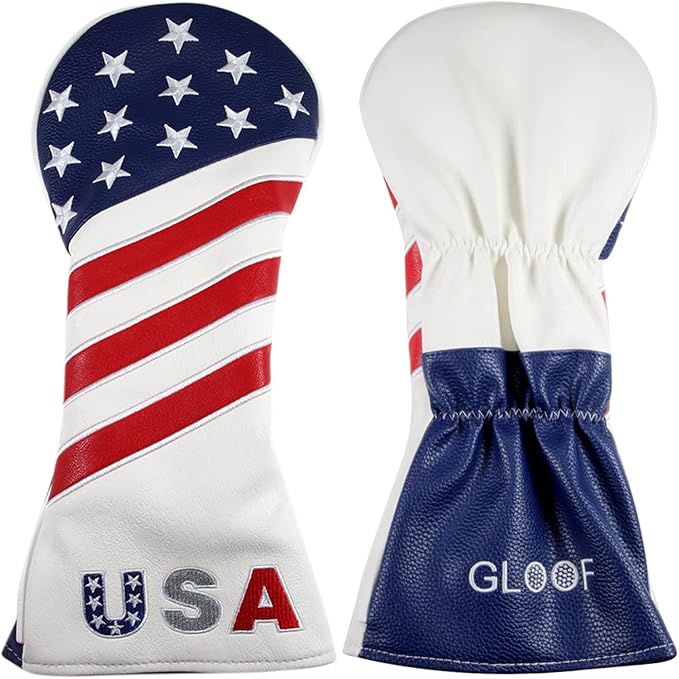 Golf Head Covers, for Fairway Woods Driver Hybrid 1 3 5 UT GLOOF Golf Club Head Covers USA Stars and Stripes with Interchangeable ID Tags Leather 3 Wood Driver Headcovers