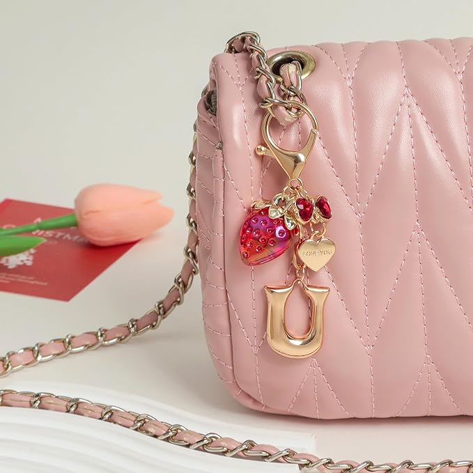 Snycler Bubble Initial Keychain with Strawberry & Bow- Gold Letter Bag Charms for Women, Cute Purse Handbag Accessories