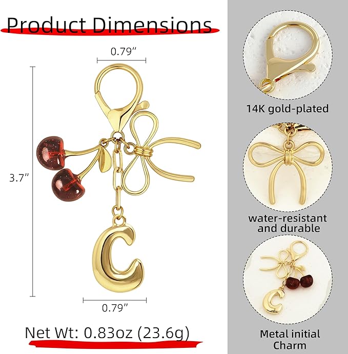 Gold Bubble Heart, Cherry, Bow & More Designs Letter Initial Keychain Bag Charms – Cute Purse Charms for Handbags