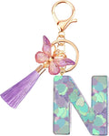 Suweibuke Colourful Cute Initial Letter Keychains for Women Girls with Tassel Butterfly, Charm for Purse Handbags Backpacks