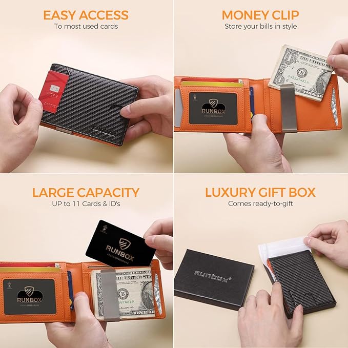 RUNBOX Money Clip Wallets for Men,Slim Leather Mens Bifold Wallet,RFID Blocking Front Pocket Wallet,Thin Credit Card Holder with Gift Box
