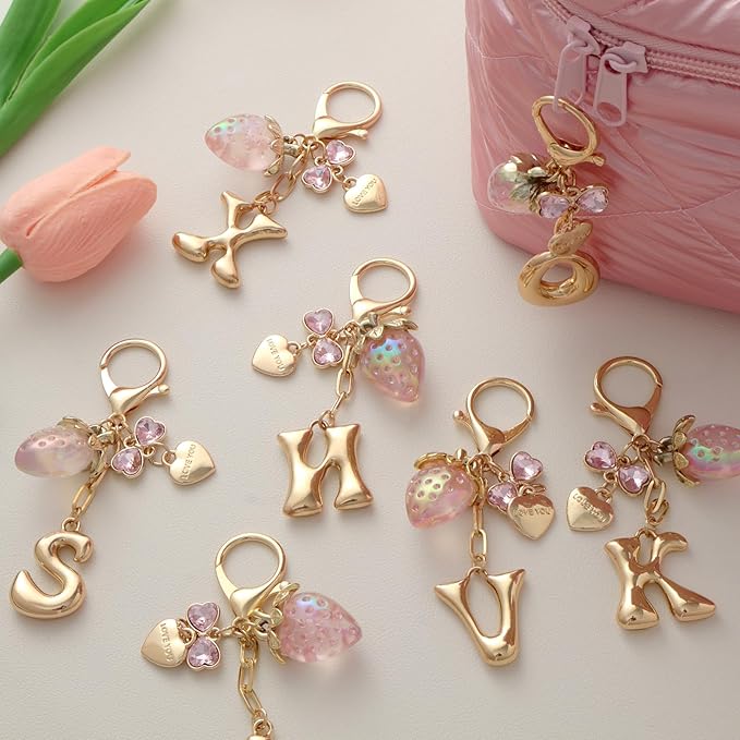 Snycler Bubble Initial Keychain with Strawberry & Bow- Gold Letter Bag Charms for Women, Cute Purse Handbag Accessories