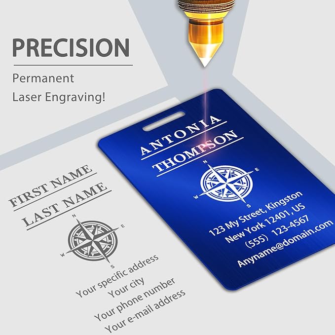 Custom Stainless Steel Luggage Tags (2 Pack) - Personalized Laser Engraved Luggage Tag, Waterproof Durable, for Bags, Backpack Travel, Suitcases (Blue)