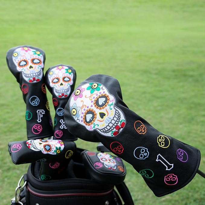 Montela Golf Club Covers,Colorful Skeleton Putter Cover Driver Covers Fairway Wood Headcover Hybrid Cover Leather Blade Putter Headcover Mallet for Brand