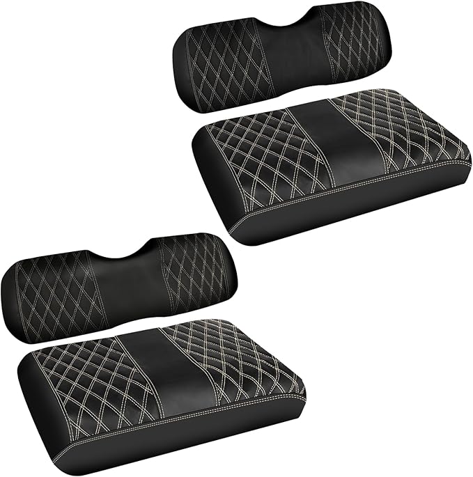 4PCS Waterproof Leather Golf Cart Seat Covers Compatible with EZGO TXT 1994-2013 Front & Aftermarket Rear Seat Kits | Beige Stitching | No Staple Installation