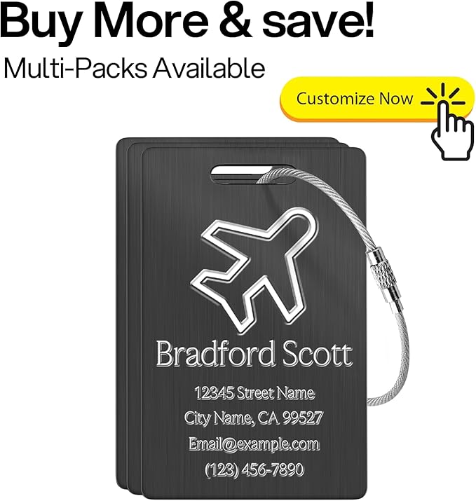 Personalized Luggage Tags - Custom Metal Luggage Tags for Suitcases, Backpacks and Bags with Your Personalized Club Logo Text (Black)