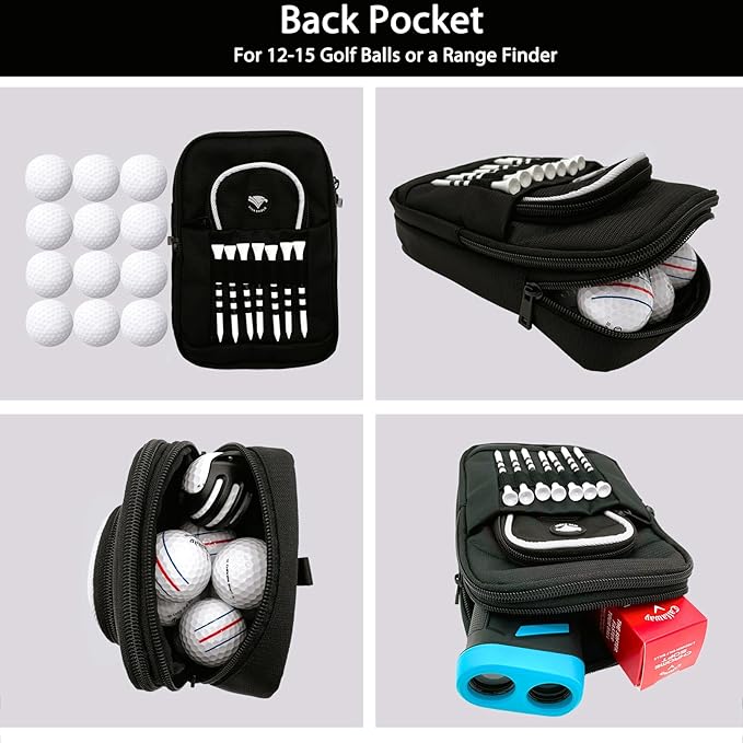Golf Bag Pouch for Balls and Accessories | 3 Zipper Pockets | Detachable Clip | Store Up to 15 Balls | Front Tee Holder and 10 Bamboo Tees 3 1/4 in