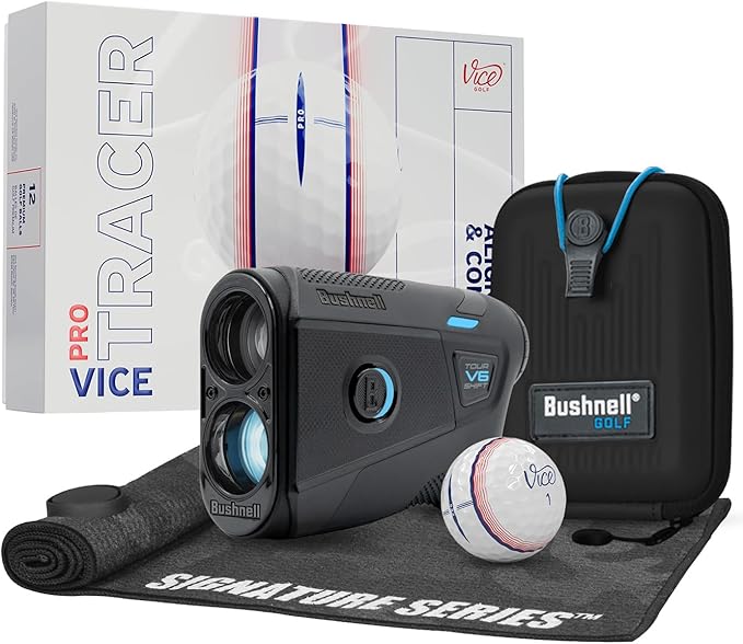 Bushnell Golf Tour V6 Shift Laser Rangefinder with Vice Balls | Slope Compensation, PinSeeker, Magnetic Mount, 1300 YD Range, 6X Magnification | Signature Series Golf Towel