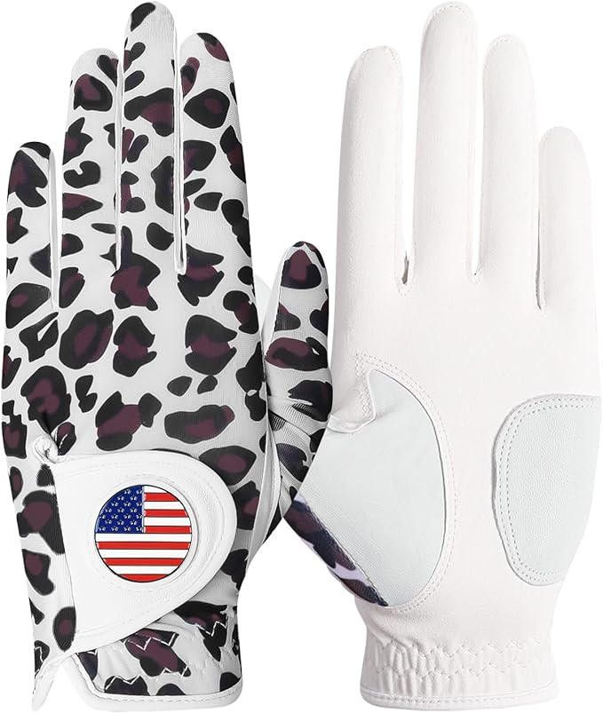 Amy Sport Womens Golf Glove with Ball Marker Rain Left Right Hand Leather Printed Pack, Ladies Golf Gloves All Weather Grip Breathable Soft Size Small Medium Large XL