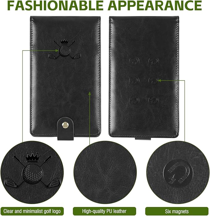 Archerest Magnetic Golf Scorecard Holder, 7.48" x 4.33" Premium Leather Yardage Book Cover Golf with A Pencil and Five Double Sided Printed Scorecards, Golf Accessories and Scorecard Book