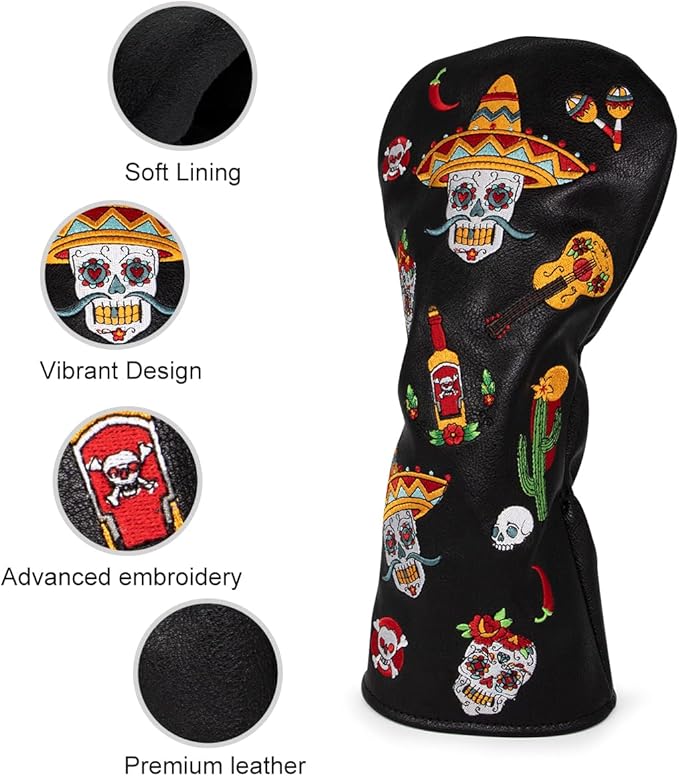 Golf Club Headcover for Drivers, Fairway Woods, Hybrids, and Mallet Blade Putter Sugar Skull Style Premium Leather Golf Headcovers Set with Interchangeable No. Tags