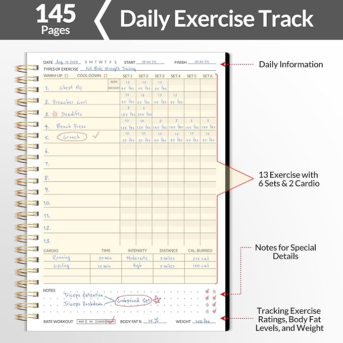 Fitness Journal Workout Planner for Women & Men, A5 (6.4" x 8.3") Workout Journal Log Book Planner Gift for Track Gym Essentials, Home Workouts, Track Progress, Achieve Wellness Goals, Black