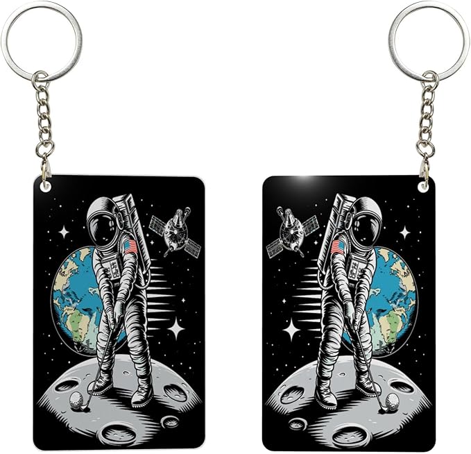 Astronaut Playing Golf Keychains Rectangular Acrylic Keychain Daily Key Ring Car Key Fob Holder 2X3 Inch