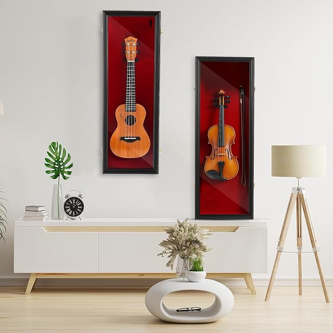 33.25'' Violin Display Case with Bow Holder and Lock Violin Case Hanger Stand Wall Mounted Shadow Box for Guitar Fiddle Ukulele with Acrylic Transparent Door for Christmas Collector Gift
