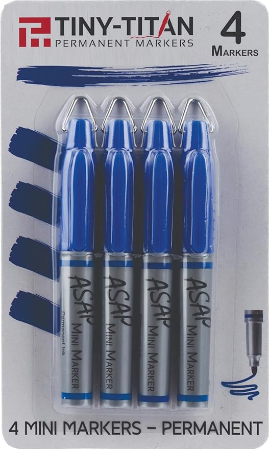 Tiny-Titan Mini Markers, Keychain Clip, Golf Ball Marker, Clip On Nurse's Badge - BLUE Ink - Fine Point - 4 Pens
