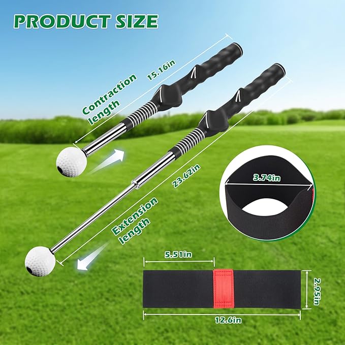 welspo Retractable Golf Swing Trainer Aid with Arm Band, Rhythm Click Sound, Warm-Up and Grip Trainer, Right-Handed Golf Club for Improve Chipping and Hitting Strength